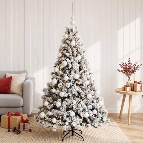 Kunstigt juletræ med kugler og LED-lys 150 cm - grøn/hvid