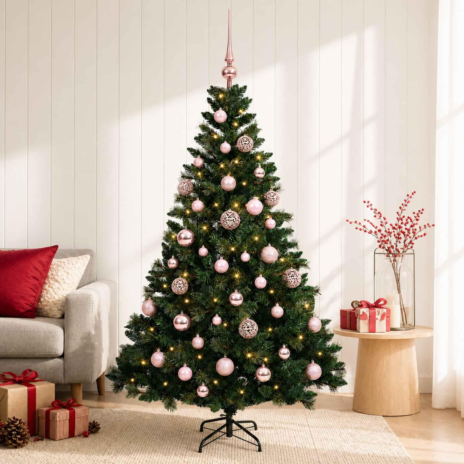 Kunstigt juletræ med kugler og LED-lys 120 cm - varm hvid