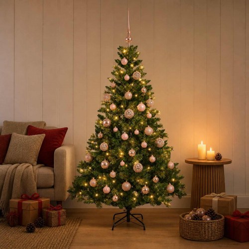 Kunstigt juletræ med kugler og LED-lys 120 cm - varm hvid