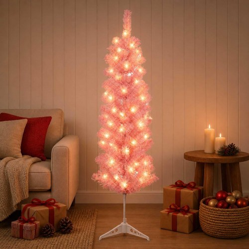 Slankt kunstigt juletræ med 150 LED-lys - lyserød, 120 cm