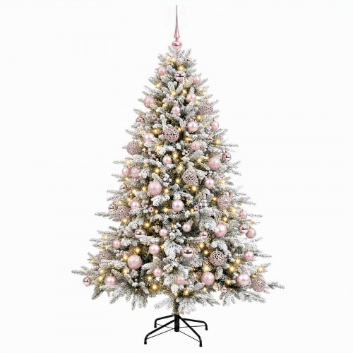 Kunstigt juletræ med julekugler og LED 210 cm - varm hvid