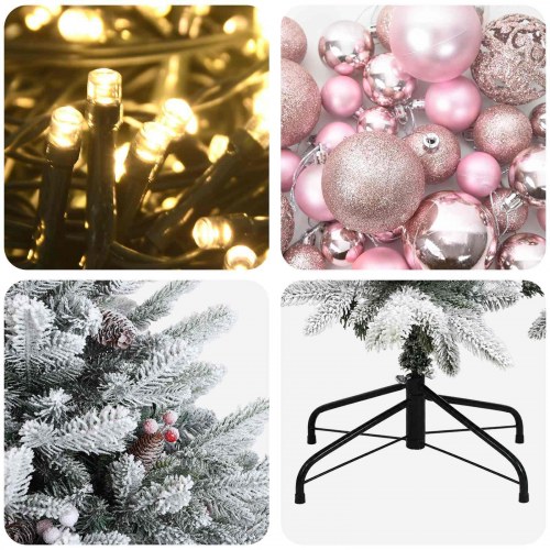 Kunstigt juletræ med julekugler og LED 210 cm - varm hvid