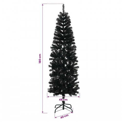 Slankt kunstigt juletræ med LED og julekugler 180 cm - sort
