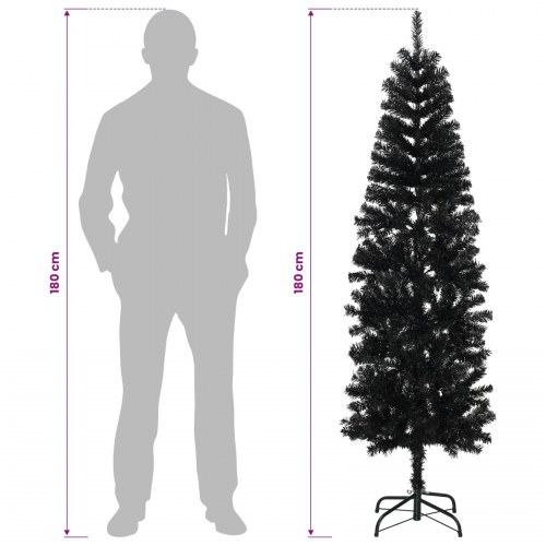 Slankt kunstigt juletræ med LED og julekugler 180 cm - sort