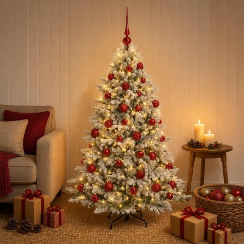 Kunstigt juletræ med kugler og 150 LED - 150 cm, varm hvid