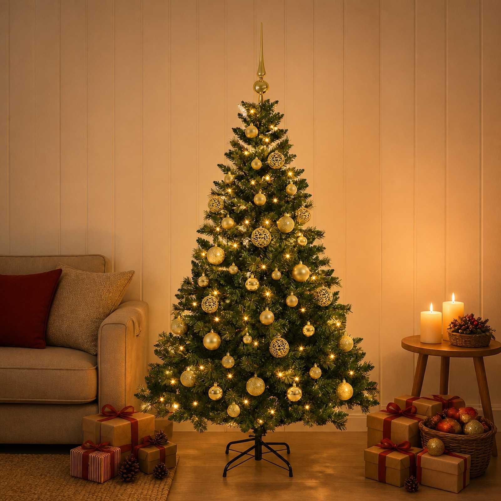 Kunstigt juletræ med kugler og 150 LED - 150 cm, varm hvid