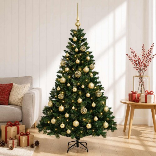 Kunstigt juletræ med kugler og 150 LED - 150 cm, varm hvid