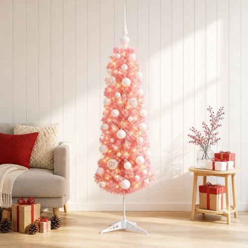 Kunstigt slankt juletræ med LED og julekugler - lyserød, 150 cm
