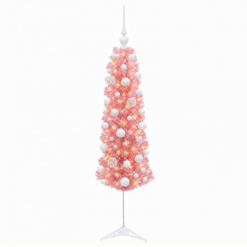 Kunstigt slankt juletræ med LED og julekugler - lyserød, 150 cm