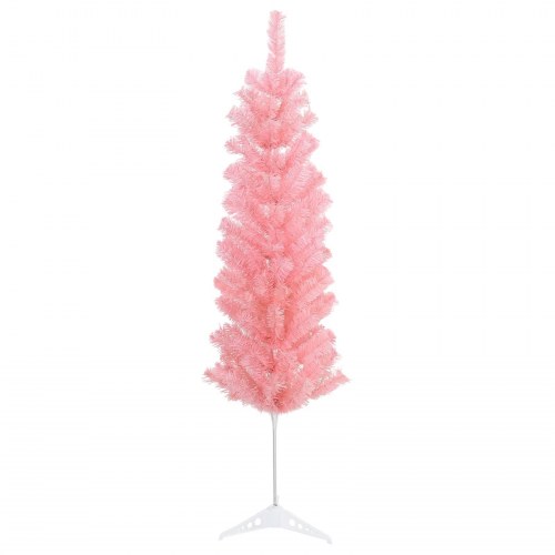 Kunstigt slankt juletræ med LED og julekugler - lyserød, 150 cm