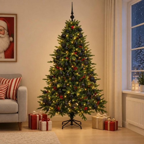 Kunstigt juletræ med LED og kugler 180 cm - varm hvid
