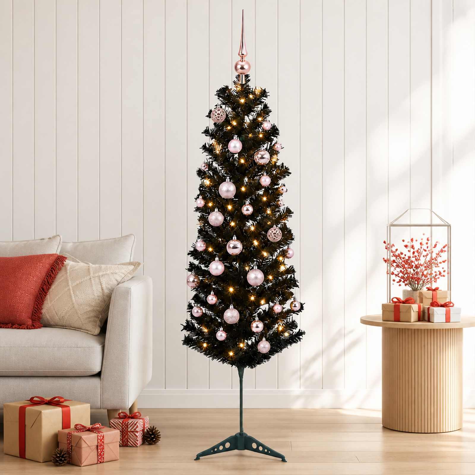 Kunstigt slankt juletræ med LED-lyskæde og kugler - 150 cm