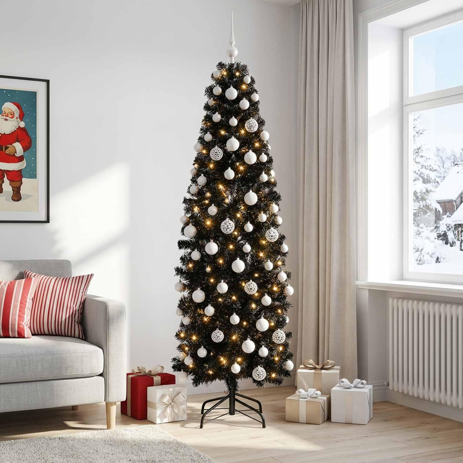 Kunstigt slankt juletræ med kugler og 300 LED - 210 cm