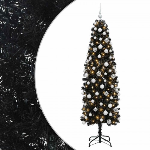 Kunstigt slankt juletræ med kugler og 300 LED - 210 cm