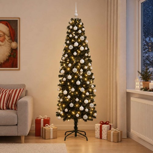 Kunstigt slankt juletræ med kugler og 300 LED - 210 cm
