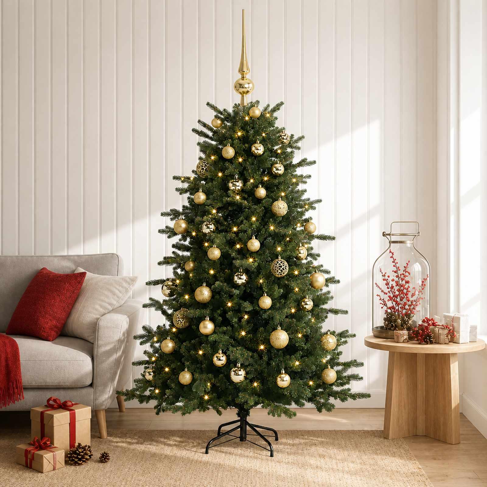 Kunstigt juletræ med julekugler og LED 150 cm - varm hvid