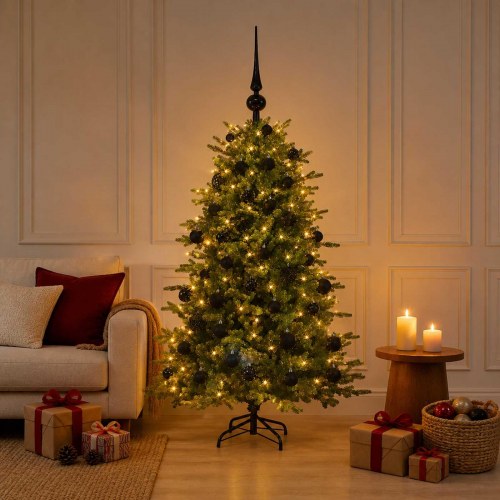 Kunstigt juletræ med julekugler og 150 LED - 150 cm, varm hvid