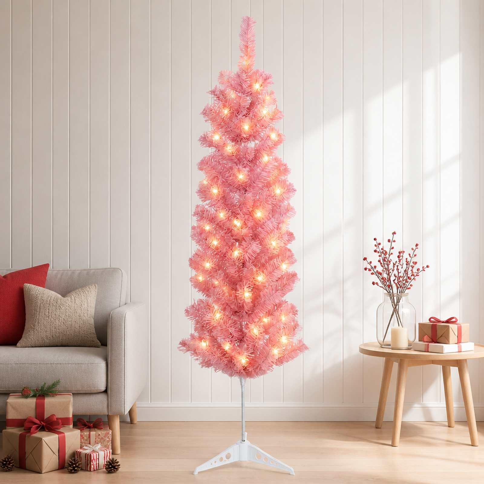 Slankt kunstigt juletræ 150 cm med 150 LED - lyserød