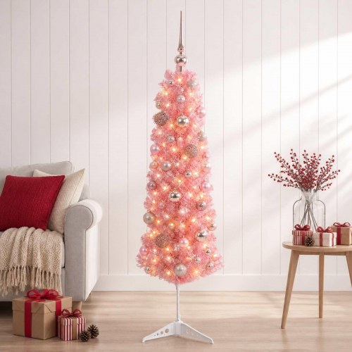 Smalt kunstigt juletræ med julekugler og LED - lyserød, 150 cm