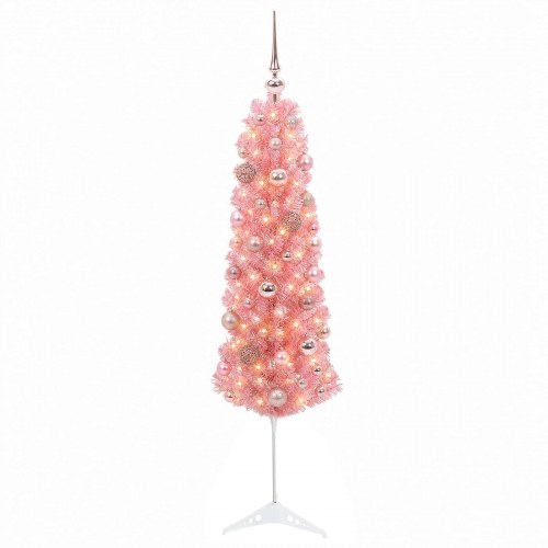Smalt kunstigt juletræ med julekugler og LED - lyserød, 150 cm