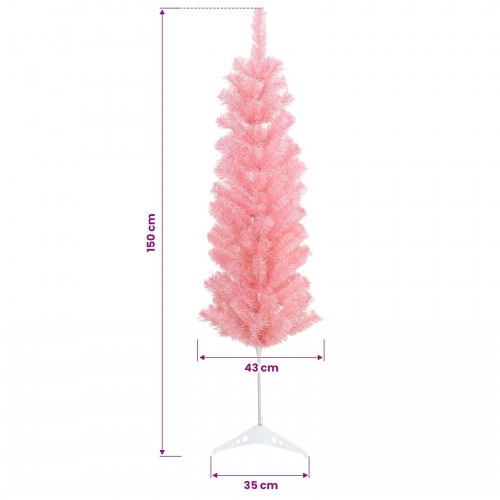 Smalt kunstigt juletræ med julekugler og LED - lyserød, 150 cm