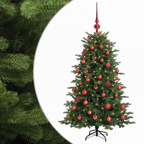 Kunstigt juletræ med kugler og LED-lys 150 cm - varm hvid