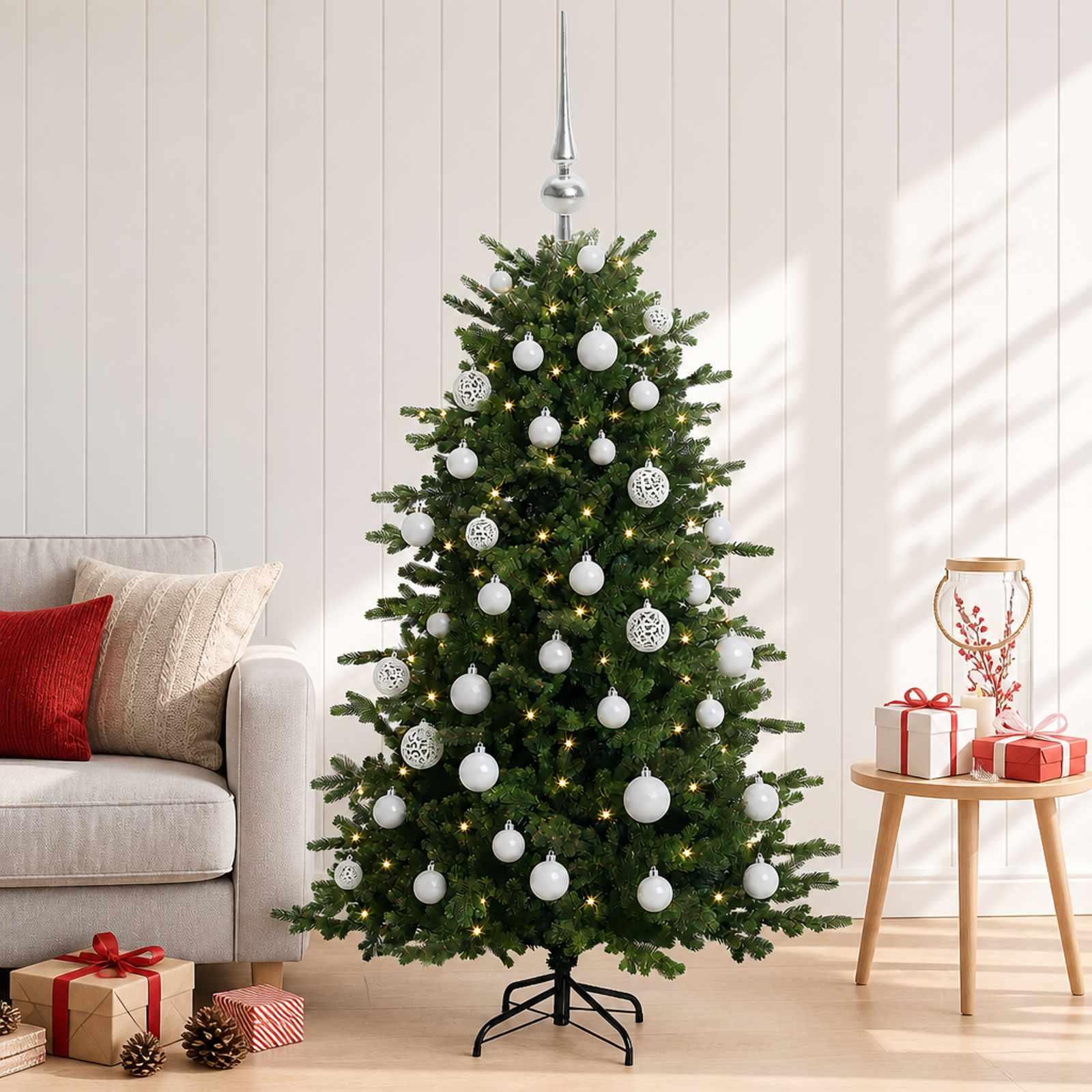 Kunstigt juletræ med kugler og LED-lys - 120 cm