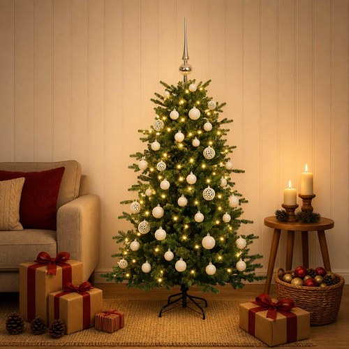 Kunstigt juletræ med kugler og LED-lys - 120 cm