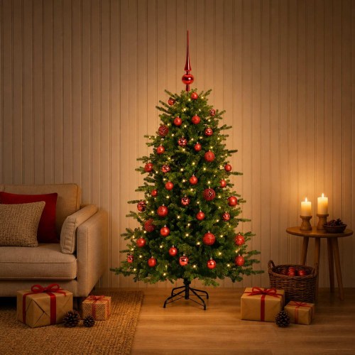 Kunstigt juletræ med julekugler 120 cm - 150 LED varm hvid
