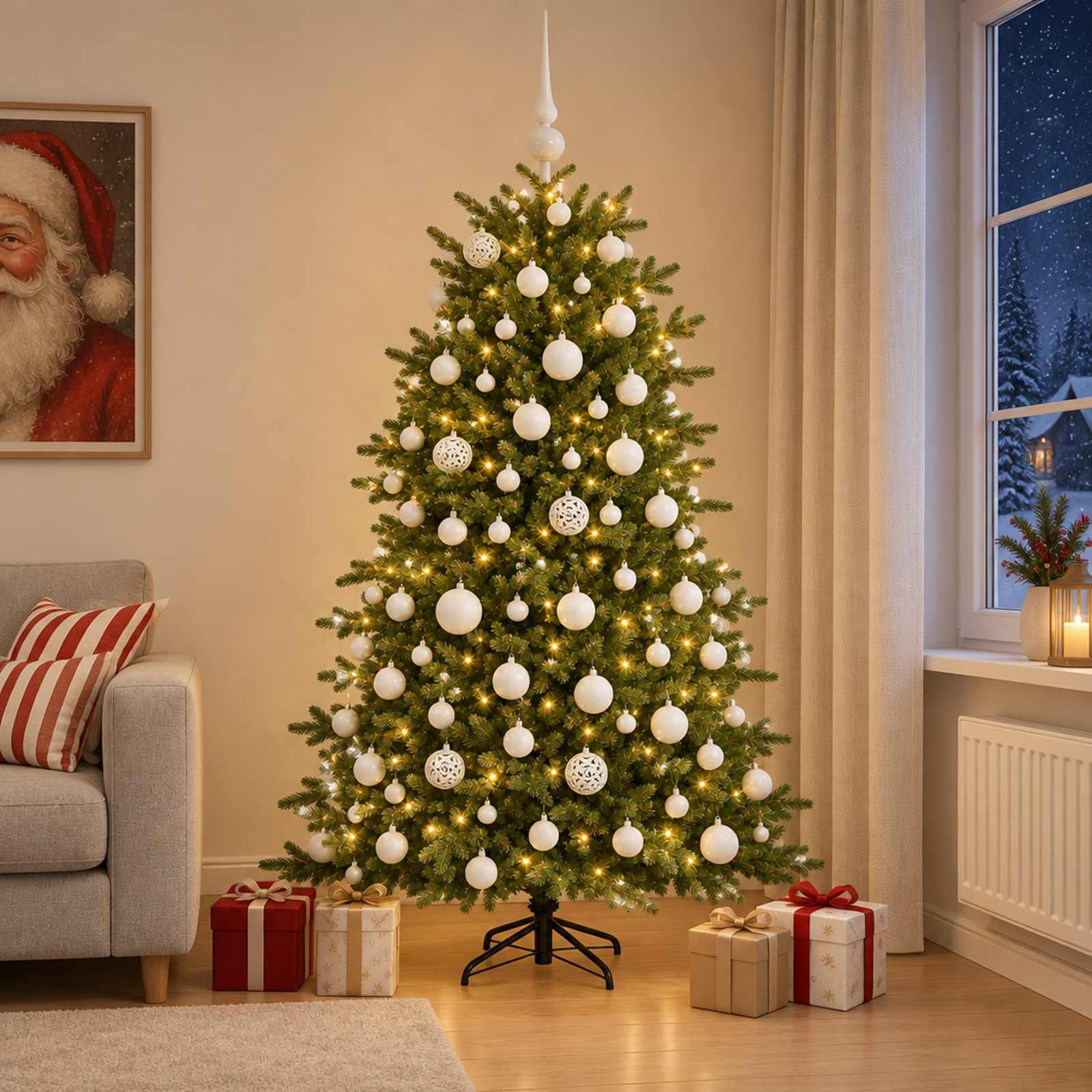 Kunstigt juletræ med julekugler 240 cm - 300 LED, varm hvid