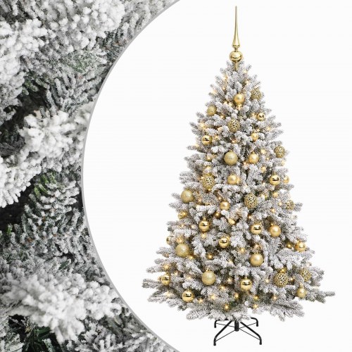 Kunstigt juletræ med kugler og LED - 150 cm, varm hvid