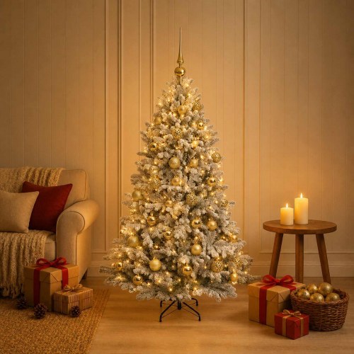 Kunstigt juletræ med kugler og LED - 150 cm, varm hvid