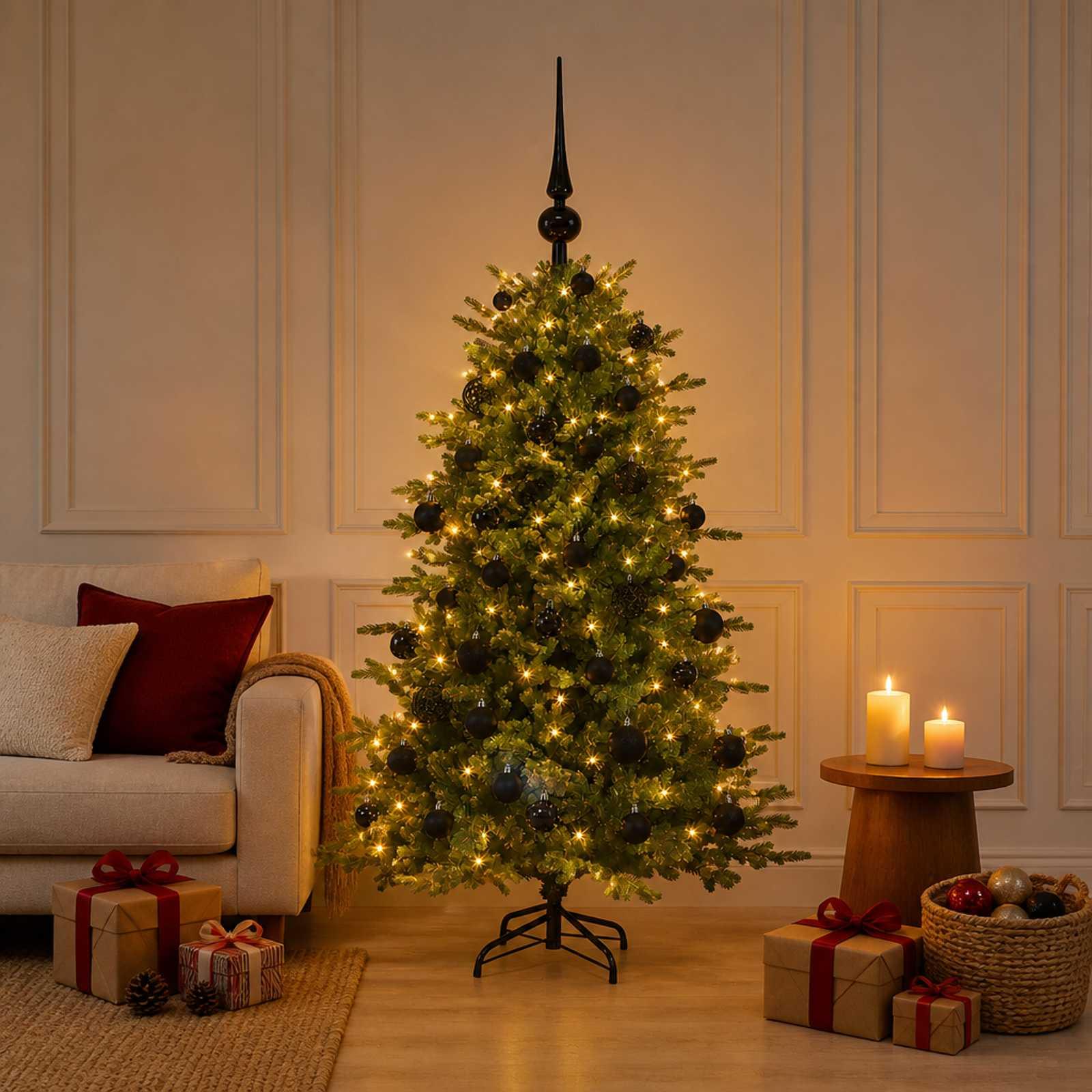 Kunstigt juletræ med julekugler 120 cm - 150 LED varm hvid