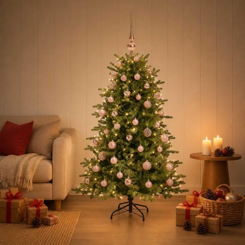 Kunstigt juletræ med kugler og LED-lys 150 cm - varm hvid