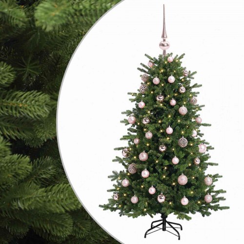 Kunstigt juletræ med kugler og LED-lys 150 cm - varm hvid
