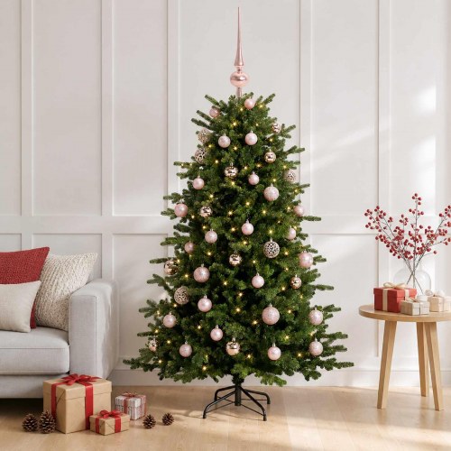 Kunstigt juletræ med kugler og LED-lys 150 cm - varm hvid