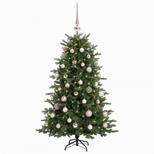 Kunstigt juletræ med kugler og LED-lys 150 cm - varm hvid