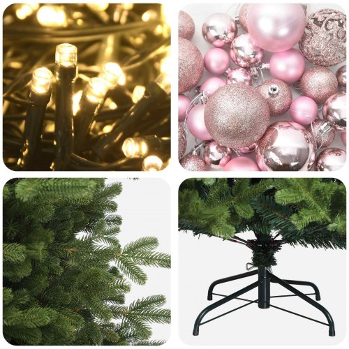 Kunstigt juletræ med kugler og LED-lys 150 cm - varm hvid