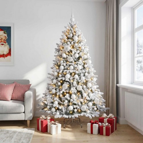 Kunstigt juletræ med kugler og 300 LED-lys 210 cm - grøn/hvid