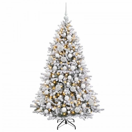 Kunstigt juletræ med kugler og 300 LED-lys 210 cm - grøn/hvid