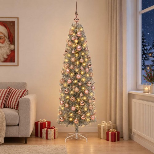 Slankt kunstigt juletræ med julekugler og LED - sølv, 180 cm