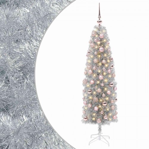 Slankt kunstigt juletræ med julekugler og LED - sølv, 180 cm