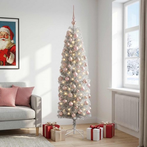 Slankt kunstigt juletræ med julekugler og LED - sølv, 180 cm