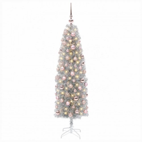 Slankt kunstigt juletræ med julekugler og LED - sølv, 180 cm