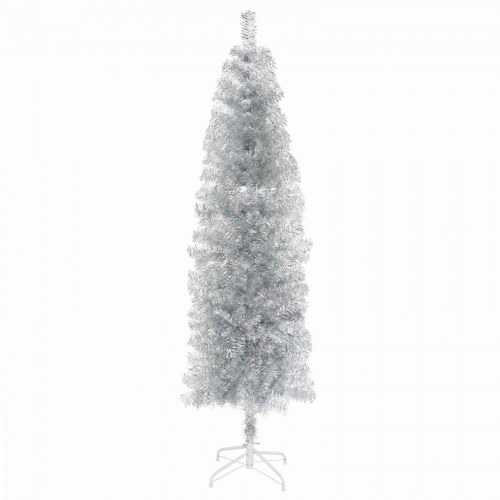 Slankt kunstigt juletræ med julekugler og LED - sølv, 180 cm
