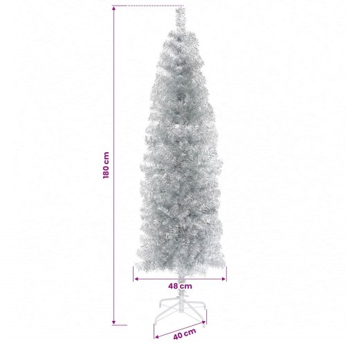 Slankt kunstigt juletræ med julekugler og LED - sølv, 180 cm