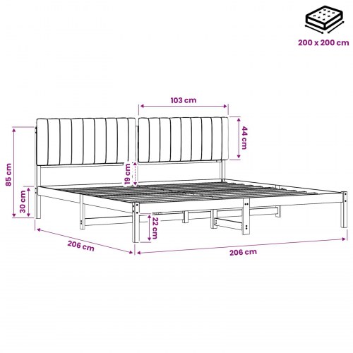 Sengestel med polstret hovedgavl 200 x 200 cm - naturfarvet/mørkegrå