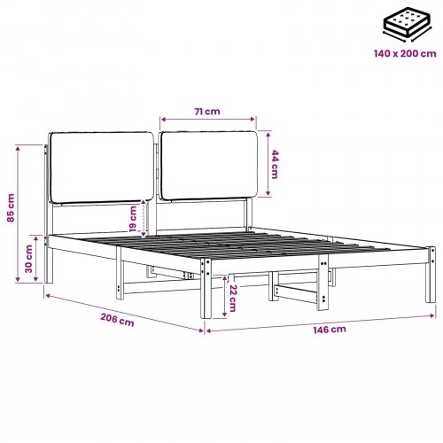 Sengestel med polstret hovedgavl 140 x 200 cm - hvidvasket/taupe