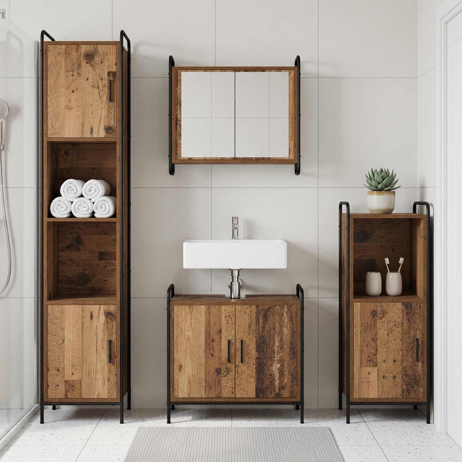 vidaXL Badeværelsesskabsæt 3 stk. Gammelt træ 40 x 36 x 99,5 cm