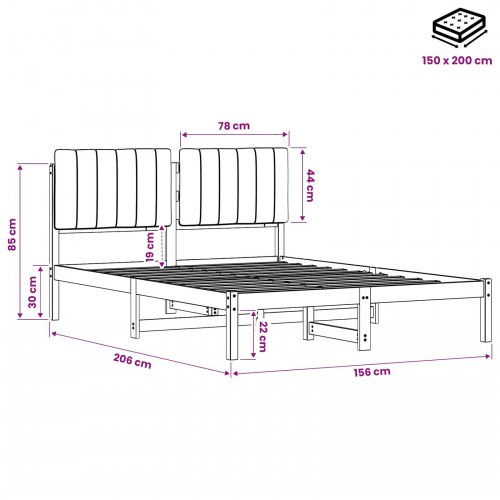 Sengestel med polstret hovedgavl 150 x 200 cm - naturfarvet/lysegrå